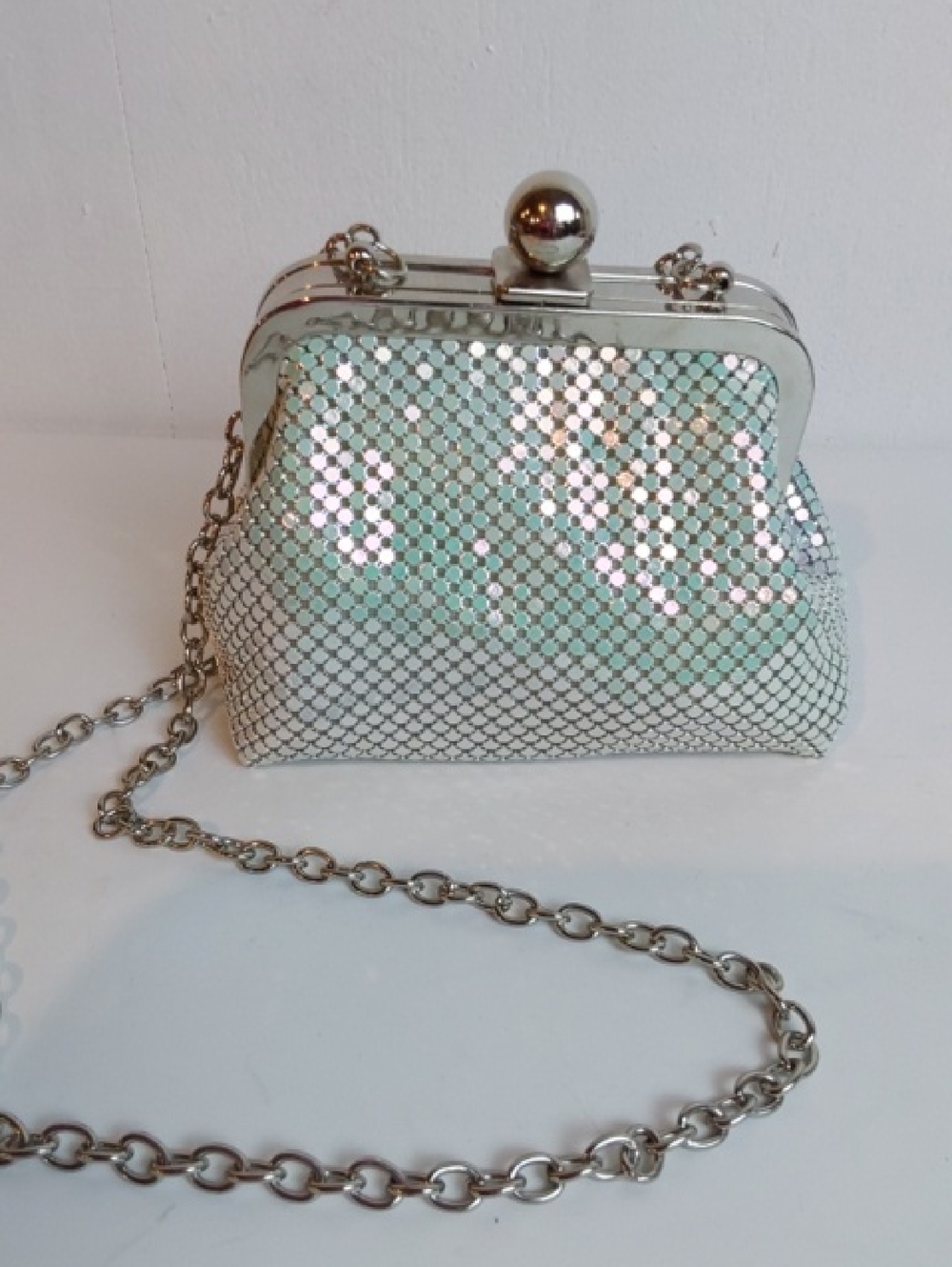 Jessica McClintock|Iridescent Silver Metal Mesh Mini Bag w/ Chain Vtg Stunning!